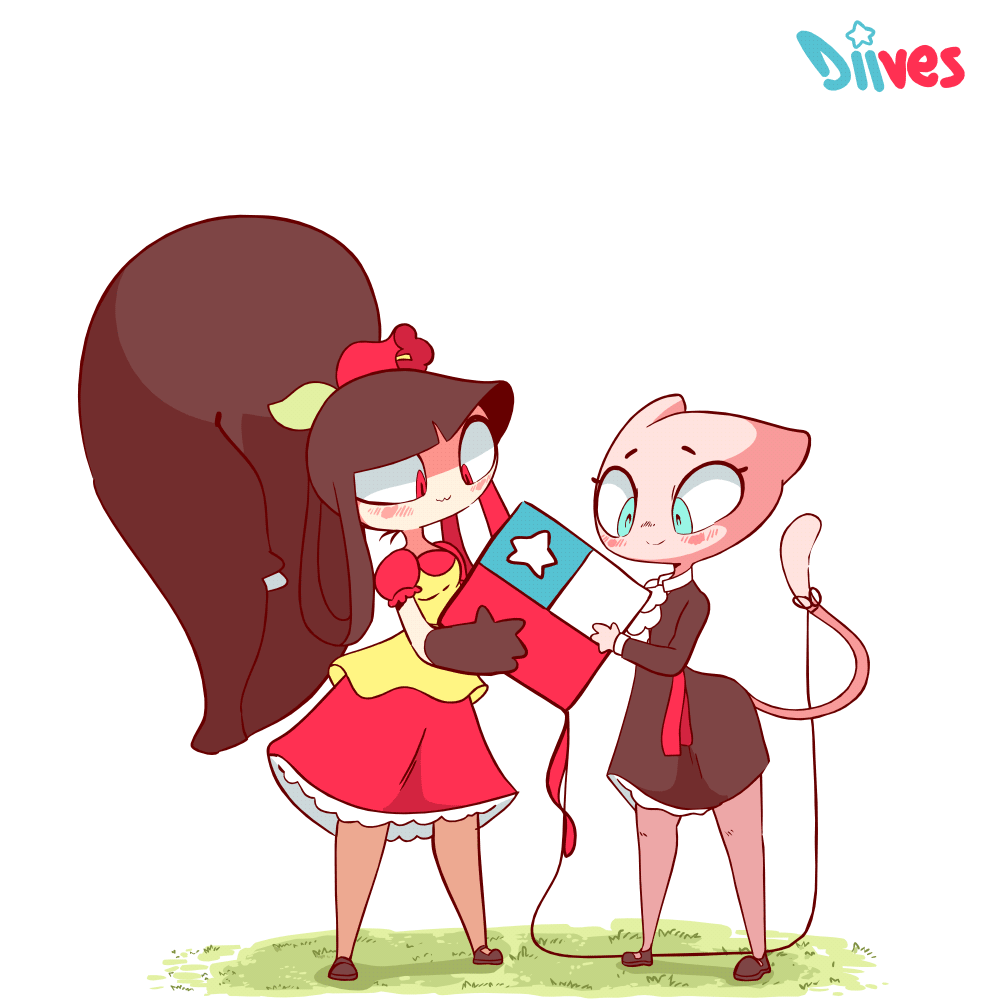 2girls :3 animal_ears animated animated_gif artist_name black_dress black_footwear black_hair blinking blue_eyes blush breasts cat_ears cat_tail chile chilean_clothes chilean_flag diives dress extra_mouth female_focus fiestas_patrias flat_chest flower full_body furry furry_female gen_1_pokemon gen_3_pokemon grass hair_flower hair_ornament hands_up happy holding jumping kite leaning_forward legendary_pokemon legs_apart legs_together long_sleeves looking_up mawile medium_breasts mew_(pokemon) multiple_girls mythical_pokemon nintendo nose_blush open_mouth personification pokemon pokemon_(creature) red_eyes red_flower shoes signature simple_background smile spanish_text speech_bubble standing string tail talking teeth text_focus throwing tiptoes translated white_background