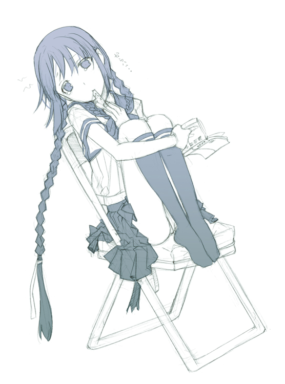 1girl amano_tooko book braid bungaku_shoujo eating female_focus kneehighs long_hair monochrome panties pantyshot school_uniform simple_background sitting sketch skirt socks solo tears twin_braids underwear upskirt very_long_hair