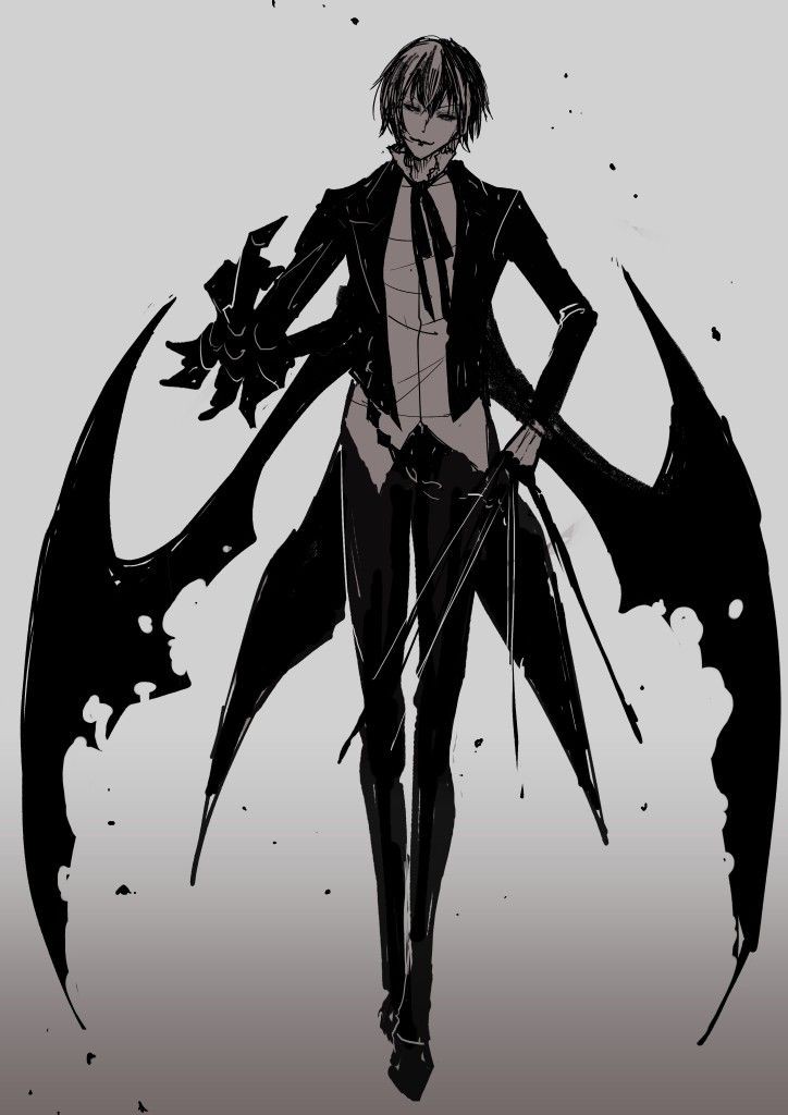 1boy 1other androgynous black_background black_coat black_hair black_jacket black_sclera blue_hair closed_mouth coat colored_sclera diablo_(tensura) frown gloves hair_between_eyes head_rest jacket long_hair long_sleeves rxdry short_hair smile straight_hair tensei_shitara_slime_datta_ken v-shaped_eyebrows white_gloves yellow_eyes