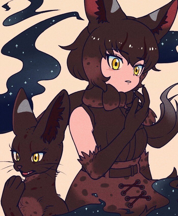 1girl animal animal_ears bare_shoulders belt black_gloves black_hair black_serval_(kemono_friends) black_skirt bow bowtie cat cat_ears cat_girl elbow_gloves extra_ears gloves kamillekawaiine kemono_friends long_hair shirt simple_background skirt sleeveless sleeveless_shirt yellow_eyes