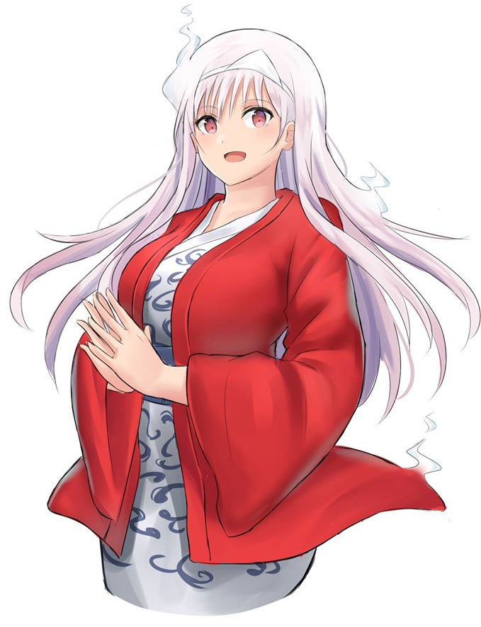 10s 1girl bad_id bad_pixiv_id breasts cropped_legs female_focus ghost hanten_(clothes) japanese_clothes kimono large_breasts long_hair looking_at_viewer open_mouth own_hands_together red_eyes simple_background smile solo triangular_headpiece ucukrtz upper_body white_background white_hair white_kimono yunohana_yuuna yuragisou_no_yuuna-san