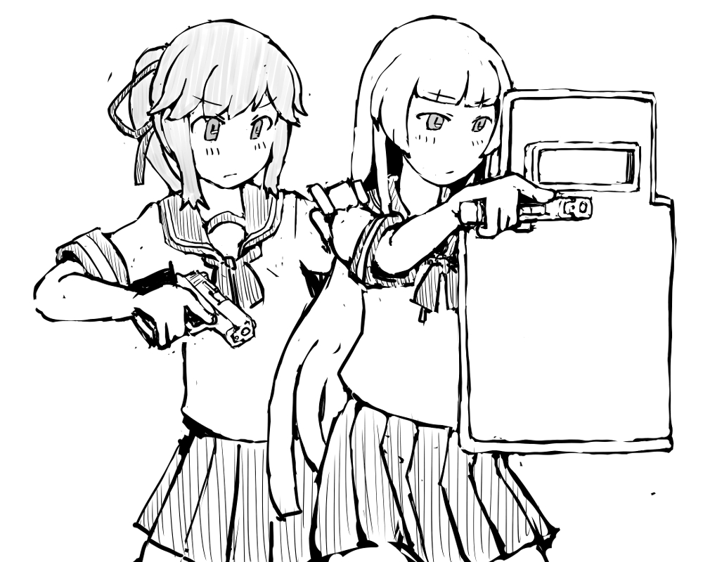 2girls ballistic_shield blunt_bangs greyscale gun hair_ribbon handgun kantai_collection long_hair monochrome multiple_girls ponytail ribbon sailor_collar sailor_shirt school_uniform serafuku shield shirakumo_(kancolle) shirt sidelocks sig_p220/p226 task_(s_task80) usugumo_(kancolle) weapon
