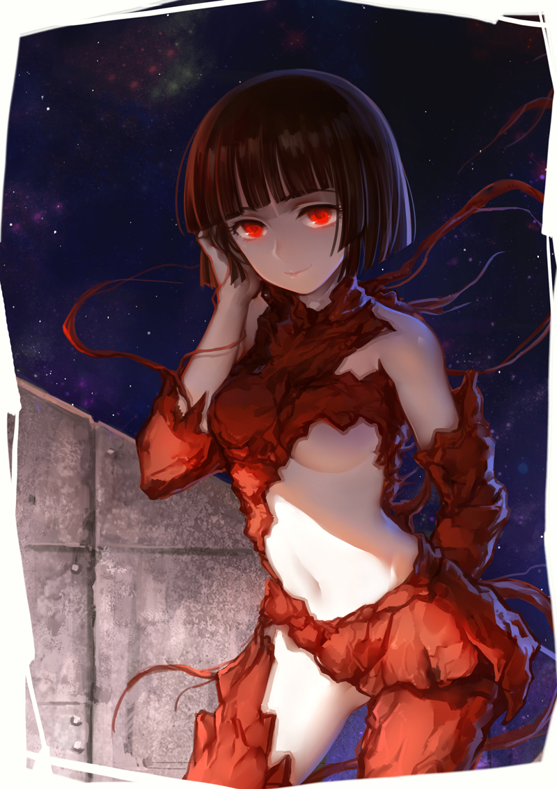 1girl benisuzume_(gauna) black_hair bob_cut breasts female_focus gauna gradient_background hand_on_own_head huazha01 monster_girl placenta_(sidonia_no_kishi) red_eyes sidonia_no_kishi solo