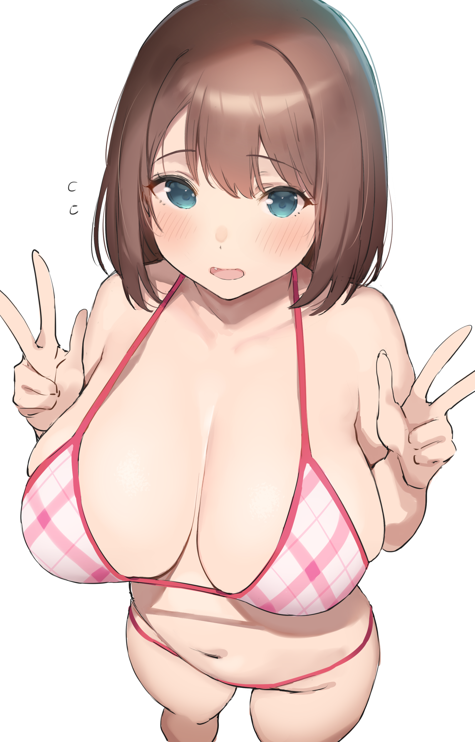 1girl absurdres bare_shoulders bikini blue_eyes blush breasts brown_hair cleavage collarbone commentary_request double_v fang feet_out_of_frame from_above highres huge_breasts looking_at_viewer navel nekoshoko open_mouth pink_bikini saki_(manga) short_hair simple_background smile solo standing swimsuit thighs unozawa_shiori v white_background