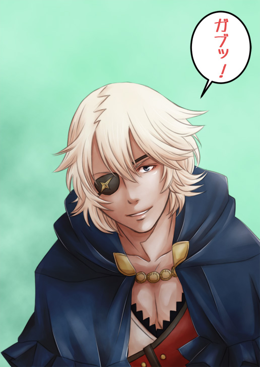 1boy blue_eyes blue_hood ebi_puri_(ebi-ebi) eyepatch fire_emblem fire_emblem_fates hood hood_down male_focus niles_(fire_emblem) nintendo pectoral_cleavage pectorals solo speech_bubble translation_request white_hair
