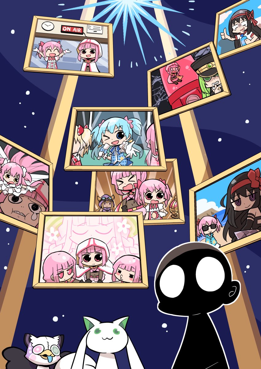 6+girls :3 a-q_(madoka_magica) akemi_homura akuma_homura alina_gray arms_up ayano_rika chibi clock commentary_request highres in_test_tube infinite_iroha iolite_link kaname_madoka magia_record:_mahou_shoujo_madoka_magica_gaiden magical_girl mahou_shoujo_madoka_magica mahou_shoujo_madoka_magica_magia_exedra minami_rena mitsuki_felicia multiple_girls namae_(magia_exedra) nighthawk_(madoka_magica) painting_(object) papa_(shimeguru)_(style) sitting space tachibanai tamaki_iroha thumbs_up ultimate_madoka