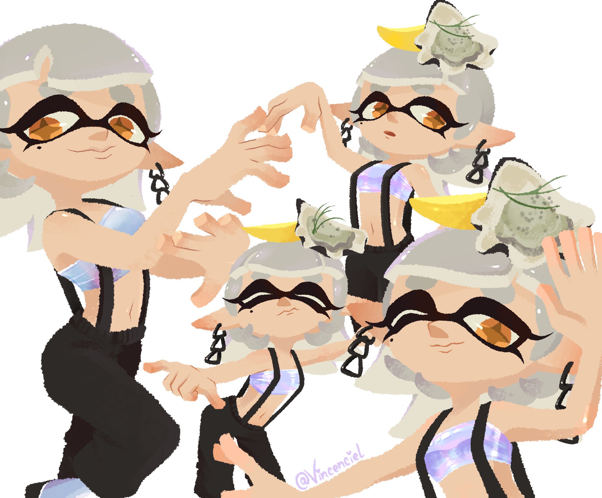 1girl baggy_pants blunt_bangs closed_eyes dancing domino_mask earrings food fruit grey_hair highres inkling jewelry lemon lemon_slice long_hair marie_(splatoon) marie_(summer_nights)_(splatoon) mask midriff mole mole_under_mouth multiple_views navel nintendo official_alternate_costume one_eye_closed open_mouth oyster pants pointy_ears smile solo splatoon_(series) splatoon_3 strapless suspenders tentacle_hair tube_top vincenciel white_background yellow_eyes