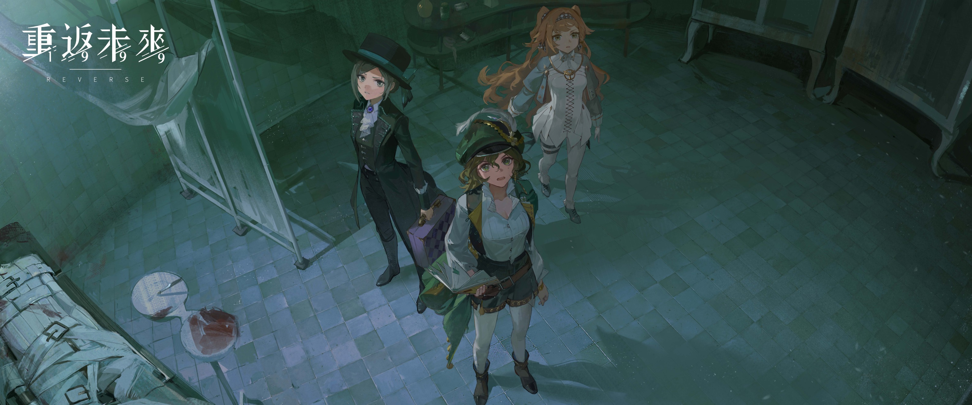 1other 3girls ankle_boots ascot belt belt_pouch black_coat black_hat black_pants black_shorts black_vest blue_bow boater_hat boots bow breasts brown_belt brown_boots brown_hair cabinet cape checkered_hairband cleavage coat collared_shirt copyright_name dark dress from_above full_body green_cape green_eyes green_hat grey_cloak grey_eyes grey_hair grey_shoes hairband hat hat_bow hat_feather highres holding holding_suitcase indoors logo long_hair looking_at_viewer looking_up multiple_girls newsboy_cap official_art open_clothes open_mouth open_vest pants pants_under_dress pantyhose parted_lips pouch privacy_screen recoleta_(reverse:1999) reverse:1999 shirt shoes short_dress short_hair short_shorts shorts sonetto_(reverse:1999) standing suitcase tile_floor tiles two_side_up v-shaped_eyebrows vertin_(reverse:1999) very_long_hair vest waistcoat white_ascot white_dress white_pants white_pantyhose white_shirt