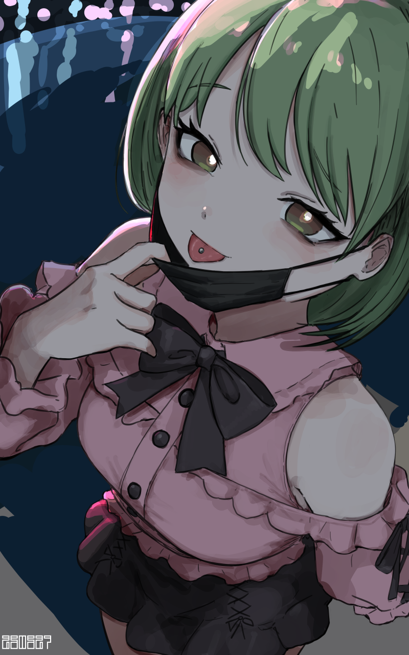 1girl alternate_costume black_bow black_bowtie black_mask black_skirt bow bowtie commentary_request dated frilled_shirt frills highres idolmaster idolmaster_shiny_colors jirai_kei koitusmile looking_at_viewer mask mask_pull mouth_mask nanakusa_nichika piercing pink_shirt shirt short_hair skirt solo tongue tongue_out tongue_piercing