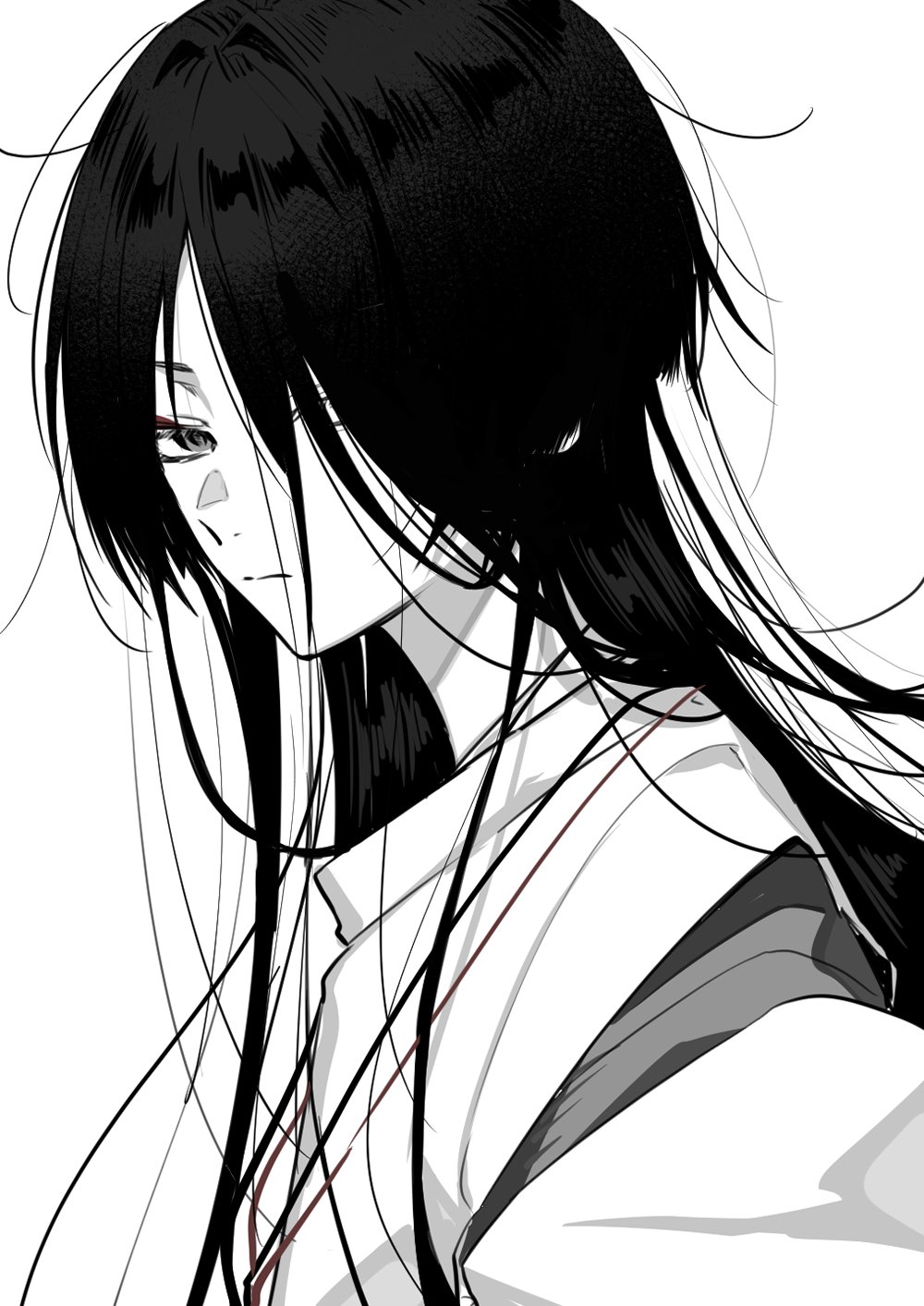 1boy alternate_hair_length alternate_hairstyle blunt_ends buku2_suisou closed_mouth genshin_impact hair_intakes hair_over_one_eye highres japanese_clothes kariginu kimono layered_sleeves long_hair loose_hair_strand male_focus monochrome parted_bangs scaramouche_(genshin_impact) scaramouche_(kabukimono)_(genshin_impact) solo white_background