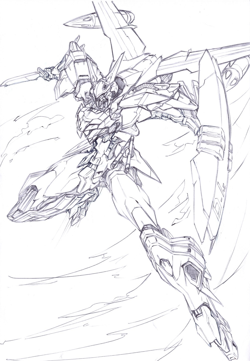 black_eyes d-1 eiji_(tfkn2723) greyscale highres holding holding_knife holding_shield kikou_senki_dragonar knife looking_down mecha mechanical_wings monochrome no_humans robot science_fiction shield solo wings