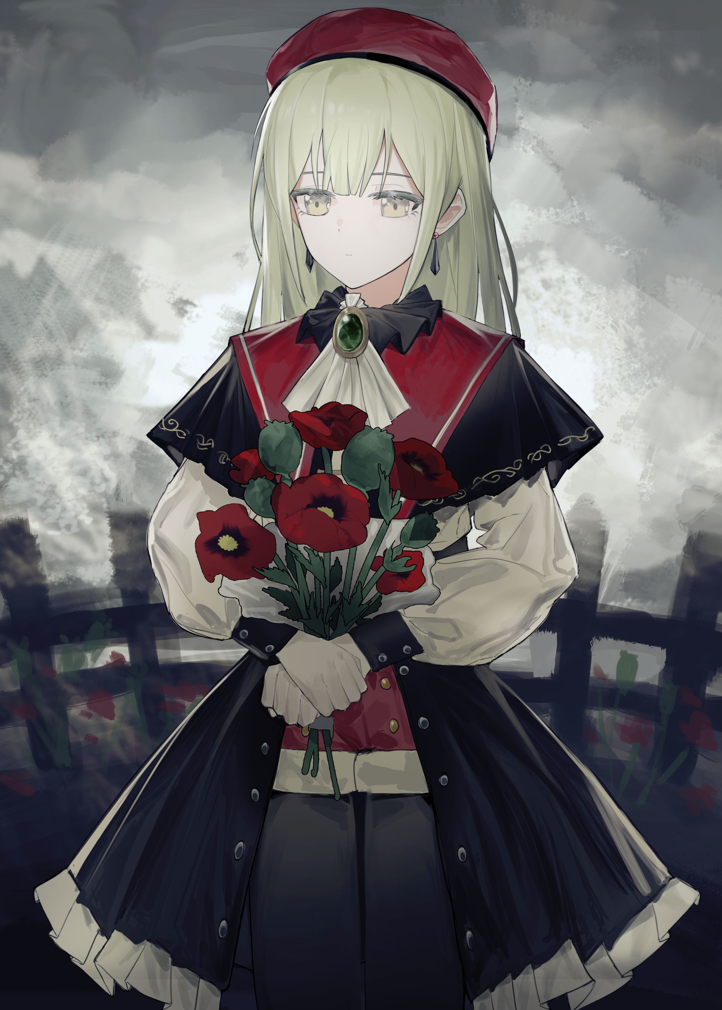 1girl absurdres anli_(jwcpp4sum0mgk5r) ascot bang_dream! bang_dream!_it's_mygo!!!!! beret black_capelet black_pantyhose black_skirt bouquet capelet chinese_commentary closed_mouth commentary_request earrings fence flower green_brooch green_hair hat highres holding holding_bouquet jewelry long_hair long_sleeves mortis_(bang_dream!) mortis_(costume)_(bang_dream!) pantyhose pantyhose_under_shorts red_flower red_hat red_shorts shorts shorts_under_skirt showgirl_skirt skirt solo variant_set wakaba_mutsumi white_ascot yellow_eyes