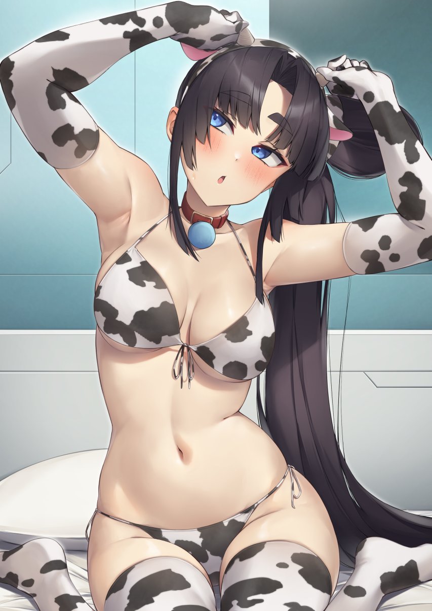 1girl animal_ears animal_print armpits bell bikini black_hair blue_eyes blush breasts collar cow_ears cow_print cow_print_bikini elbow_gloves fate/grand_order fate_(series) gloves highres large_breasts long_hair navel neck_bell on_bed pinta_(ayashii_bochi) ponytail print_bikini side-tie_bikini_bottom sitting skindentation sweatdrop swimsuit thick_eyebrows thick_thighs thighhighs thighs ushiwakamaru_(fate) very_long_hair wariza