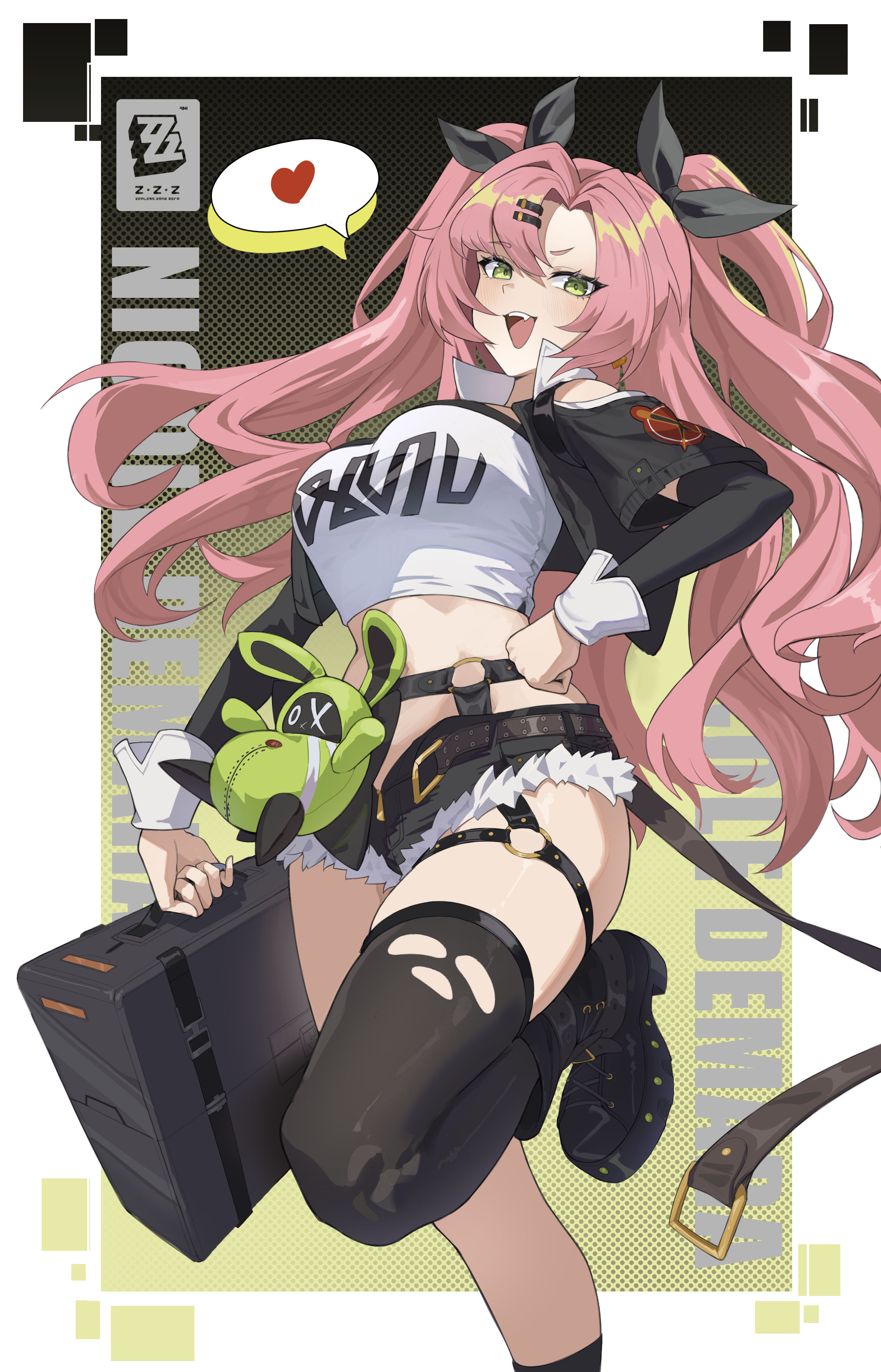 1girl absurdres bag belt breasts clothes_writing crop_top cutoffs fang fur_trim green_eyes hair_between_eyes hair_ornament heart highres jacket kumaq large_breasts leg_up long_hair long_sleeves looking_at_viewer midriff nicole_demara open_mouth pink_hair ribbon short_shorts shorts smile spoken_heart thigh_strap thighhighs torn_clothes very_long_hair zenless_zone_zero