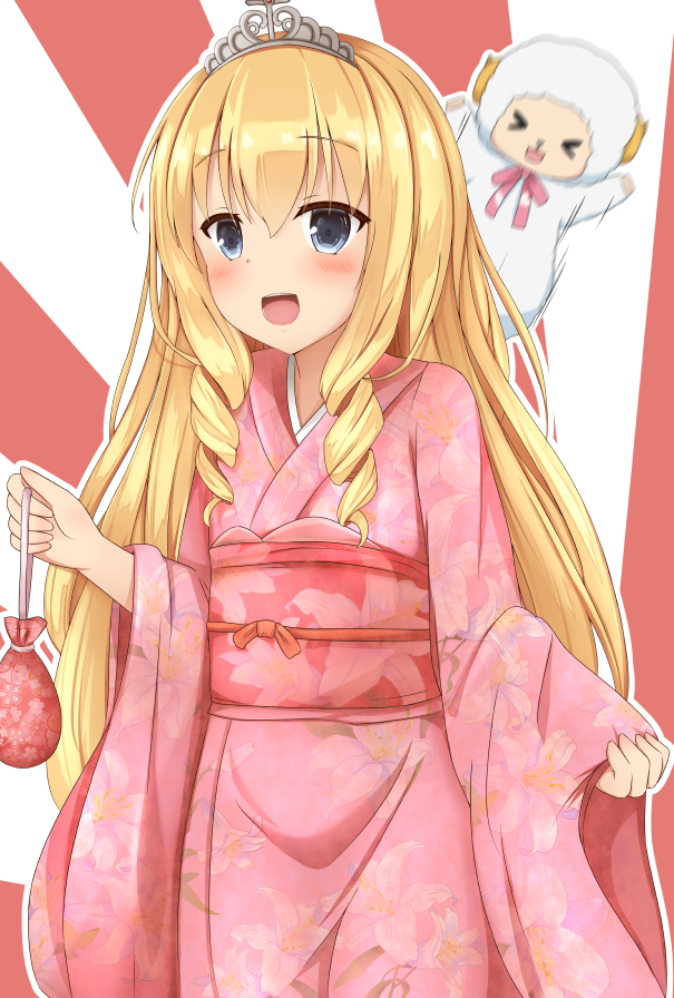 10s 1girl 2015 amagi_brilliant_park blonde_hair female_focus japanese_clothes kimono latifa_fleuranza long_hair macaron_(amaburi) new_year noa_yj solo standing