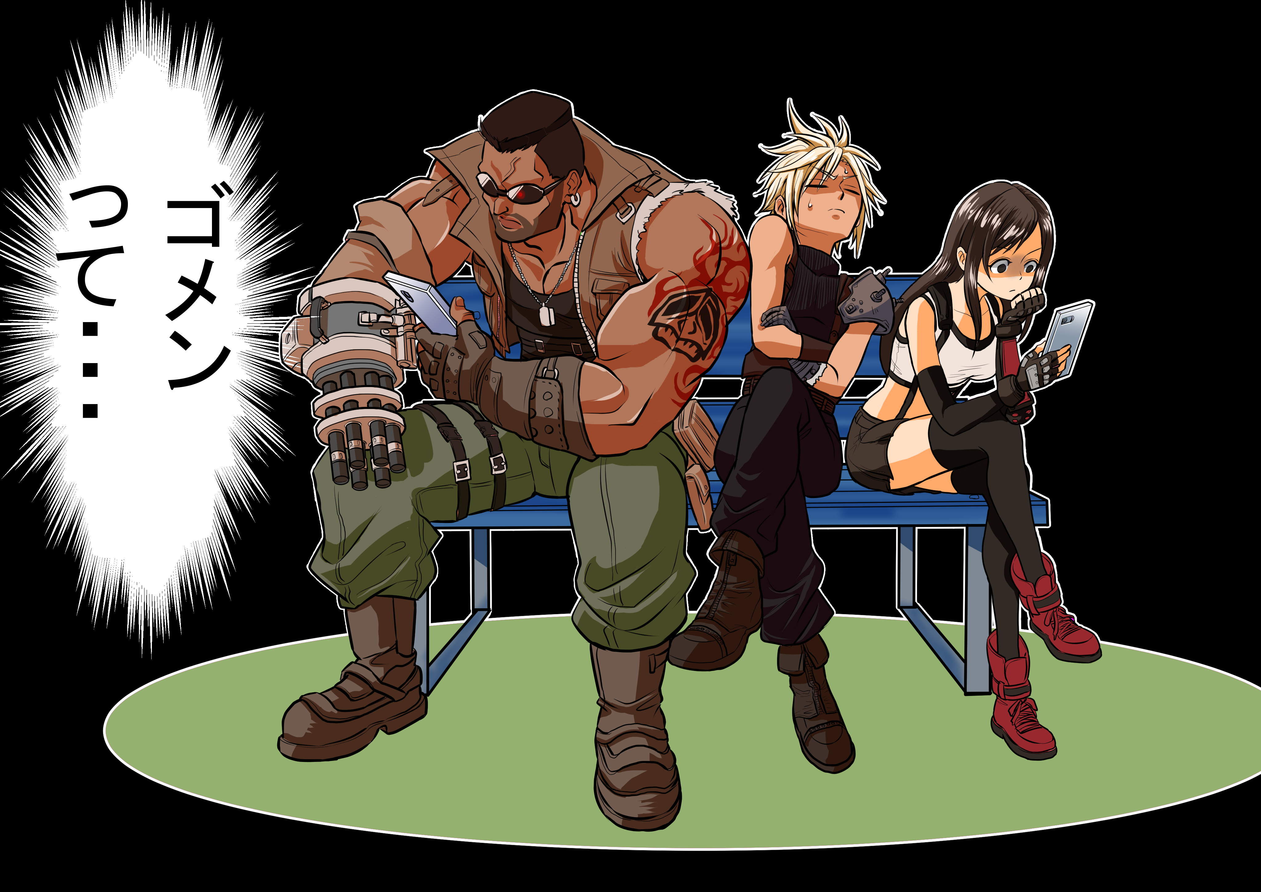 1girl 2boys absurdres arm_tattoo armor armored_gloves baggy_pants bare_shoulders barret_wallace beard bench black_background black_bra black_gloves black_hair black_pants black_skirt black_thighhighs blonde_hair boots bra breasts brown_boots brown_vest closed_eyes cloud_strife crop_top crossed_arms crossed_legs dark-skinned_male dark_skin dog_tags earrings elbow_gloves facial_hair final_fantasy final_fantasy_vii final_fantasy_vii_remake fingerless_gloves full_body furrowed_brow gloves green_pants head_on_hand highres jewelry long_hair looking_at_phone medium_breasts midriff miniskirt multiple_boys muscular muscular_male pants pauldrons phone prosthetic_weapon red_boo shaded_face shirt short_hair shoulder_armor single_bare_shoulder single_earring single_pauldron sitting skirt skull_tattoo sleeveless sleeveless_turtleneck spiked_hair sports_bra sunglasses suspenders sweatdrop tanya_(darker_than_black) taruta12 tattoo thighhighs tifa_lockhart turtleneck underwear very_short_hair vest white_shirt
