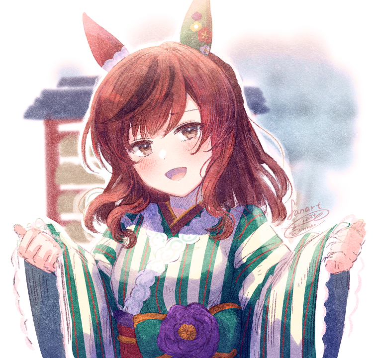 1girl :d animal_ears blush bow brown_eyes brown_hair commentary_request ear_covers flower green_bow hands_up horse_ears ittokyu japanese_clothes kimono long_hair long_sleeves looking_at_viewer multicolored_hair nice_nature_(converging_wishes)_(umamusume) nice_nature_(umamusume) obi open_mouth pinching_sleeves purple_flower sash signature sleeves_past_wrists smile solo streaked_hair striped_clothes striped_kimono umamusume upper_body vertical-striped_clothes vertical-striped_kimono wide_sleeves