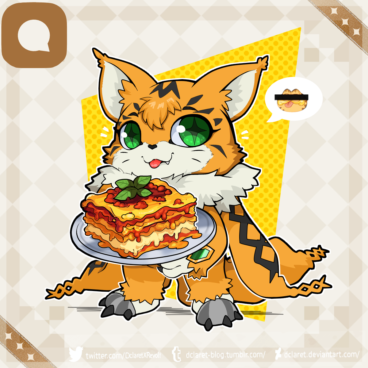cat digimon digimon_(creature) garfield garfield_(character) highres lasagne looking_at_viewer meicoomon solo tail tongue tongue_out