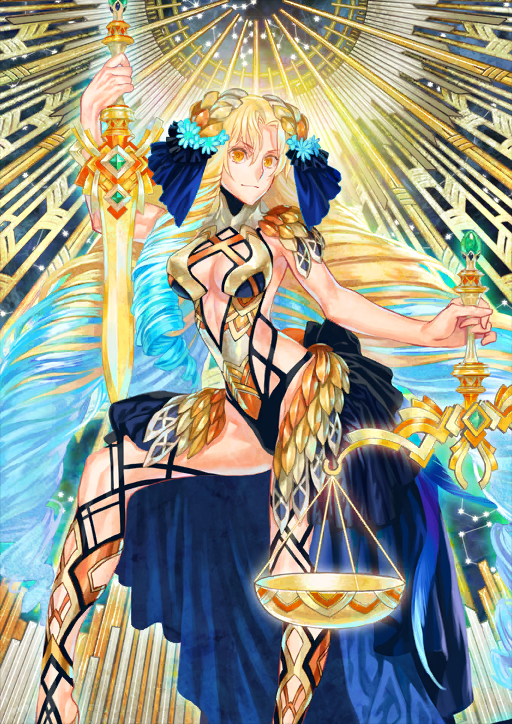 1girl arm_up armor armored_leotard astraea_(fate) astraea_(second_ascension)_(fate) azuma_toh balance_scale bare_arms black_leotard blonde_hair blue_hair blue_skirt breasts cleavage cleavage_cutout clothing_cutout curtained_hair drill_hair fate/grand_order fate_(series) feet_out_of_frame game_cg gold_armor groin hair_ornament halter_leotard halterneck high_collar holding holding_scale holding_sword holding_weapon leotard long_hair long_sidelocks looking_at_viewer medium_breasts multicolored_hair official_art orange_eyes outstretched_arm showgirl_skirt sideless_leotard sidelocks single_sidelock skirt sleeveless smile solo standing standing_on_one_leg stomach_cutout sword third-party_source toned toned_female twisted_torso two-tone_hair variant_set very_long_hair weapon weighing_scale