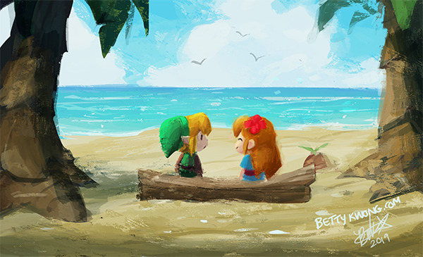 1boy 1girl beach bettykwong bird blonde_hair blue_dress blue_sky brown_hair closed_eyes cloud day dress flower green_headwear green_tunic hair_flower hair_ornament link looking_at_another marin_(zelda) nintendo ocean palm_tree red_flower sand seagull sky smile the_legend_of_zelda the_legend_of_zelda:_link&#039;s_awakening tree tunic watermark web_address