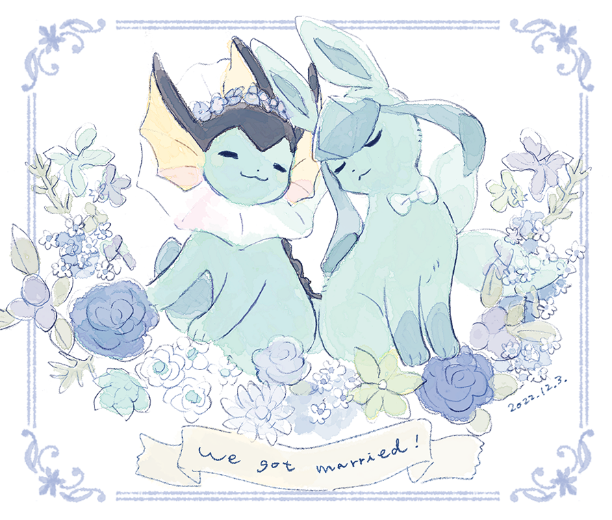 artist_name blue_flower blue_fur blue_rose bow bowtie closed_eyes dated flower gen_1_pokemon gen_4_pokemon glaceon nintendo no_humans pokemon pokemon_(creature) rose two-tone_fur vaporeon white_bow white_bowtie yurano_(upao)