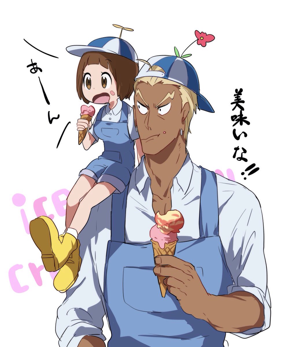1girl backwards_hat blonde_hair blue_overalls bob_cut boots brown_eyes brown_hair buttons dark-skinned_male dark_skin earrings eating flower food food_on_face gamagoori_ira hair_slicked_back hat height_difference highres holding holding_food holding_ice_cream ice_cream ice_cream_on_face jewelry kayasamad kill_la_kill mankanshoku_mako overalls peaked_cap protected_link shirt short_hair sitting_on_shoulder translation_request white_shirt yellow_boots