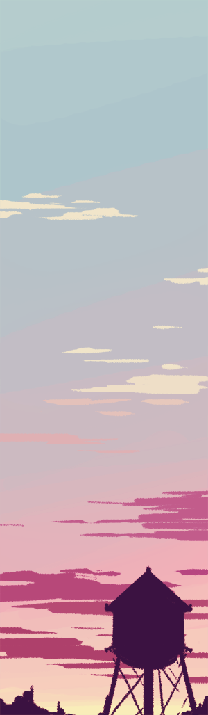 cloud commentary english_commentary gradient_sky green_sky grey_sky horizon mellific morning multicolored_clouds no_humans original outdoors pastel_colors pink_clouds pink_sky scenery silhouette sky sky_focus sunrise tree water_tower yellow_clouds yellow_sky