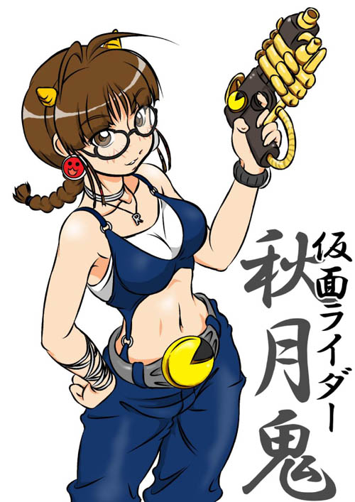 1girl ahoge akizuki_ritsuko antenna_hair armpits belt braid breasts brown_eyes brown_hair choker cool_&amp;_sexy_(idolmaster) cosplay earrings female_focus glasses gun handgun horns idolmaster idolmaster_(classic) idolmaster_1 jewelry kamen_rider kamen_rider_hibiki kamen_rider_hibiki_(series) kamen_rider_ibuki navel necklace oni pistol simple_background smile solo twin_braids weapon