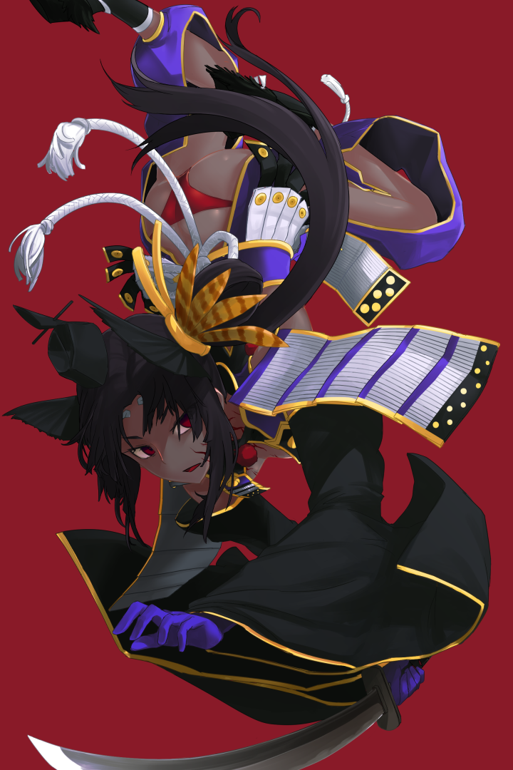 1girl armor ass back black_hair black_hat black_legwear blue_gloves breasts cleavage dark-skinned_female dark_persona dark_skin detached_sleeves fate/grand_order fate_(series) female_focus gloves hat holding holding_sword holding_weapon i-pan japanese_armor katana kusazuri long_hair looking_at_viewer panties parted_lips pom_pom_(clothes) red_background red_eyes red_panties revealing_clothes side_ponytail simple_background small_breasts solo sword underwear ushiwakamaru_(corrupted)_(fate) ushiwakamaru_(fate) very_dark_skin weapon