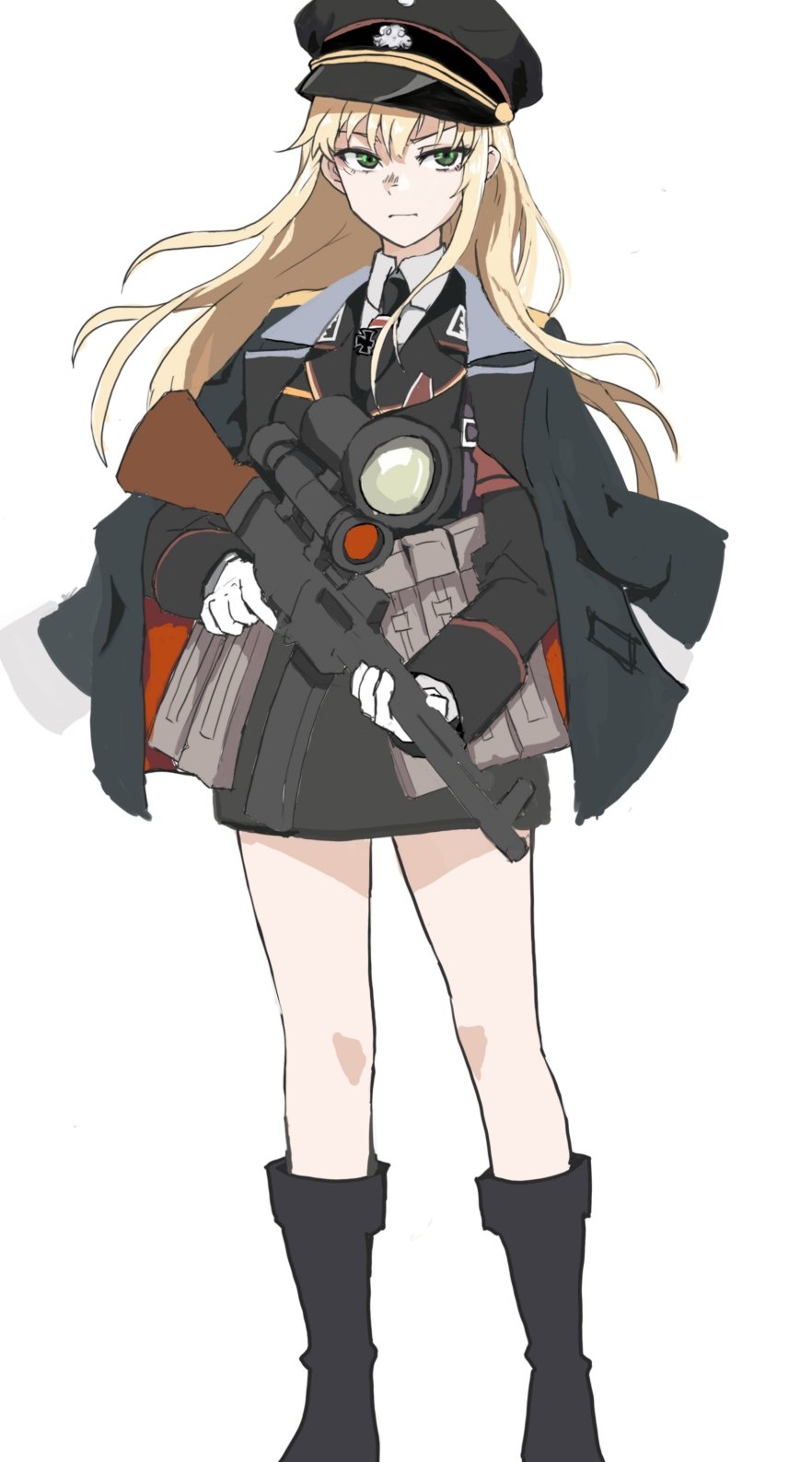 1girl ammunition_pouch armband assault_rifle black_boots black_hat black_jacket black_necktie black_skirt blonde_hair boots closed_mouth coat collared_shirt cross girls&#039;_frontline gloves green_eyes gun hair_between_eyes hat highres holding holding_gun holding_weapon iron_cross jacket jacket_on_shoulders long_hair long_sleeves military_jacket multicolored_coat name_connection necktie object_namesake peaked_cap pouch red_armband ribbon rifle scope shirt simple_background skirt solo stg44 stg44_(girls&#039;_frontline) two-tone_ribbon v-shaped_eyebrows very_long_hair wani_(perfect_han) weapon weapon_request white_background white_gloves white_shirt zg_1229_vampir