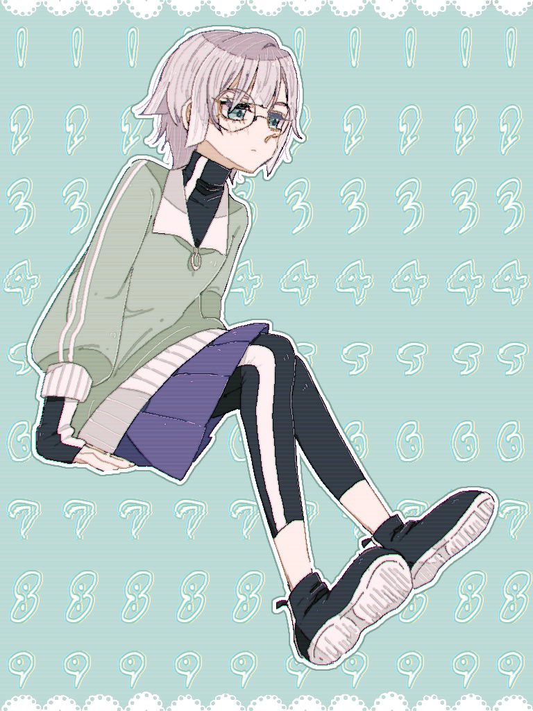 1girl aqua_eyes black_footwear border full_body grey_hair hifumi_suu kimi_no_koto_ga_dai_dai_dai_dai_daisuki_na_100-nin_no_kanojo lace lace_border light_blush long_sleeves medium_hair nanoka_7no number_print ornate_border pleated_skirt purple_skirt round_eyewear shirt sitting skirt skirt_over_leggings sleeves_past_wrists solo turtleneck turtleneck_shirt
