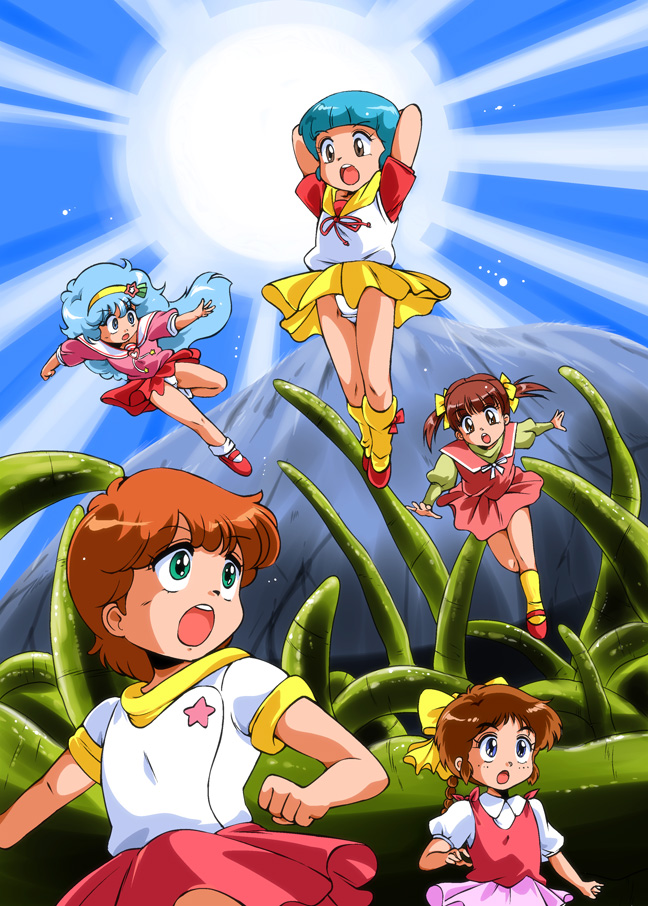 1980s_(style) 5girls :o alien_x amedama_akihito blue_hair bow braid brown_eyes brown_hair company_connection crossover fancy_lala freckles green_eyes hair_bow hairband hanazono_yumi hayami_persia kazuki_mai long_hair mahou_no_idol_pastel_yumi mahou_no_star_magical_emi mahou_no_tenshi_creamy_mami mahou_no_yousei_persia mary_janes morisawa_yuu multiple_girls oldschool open_mouth panties persia_(mahou_no_yousei_persia) plant retro_artstyle shinohara_miho shoes short_hair skirt sleeves_rolled_up socks studio_pierrot surprised twintails underwear vines white_panties yellow_bow