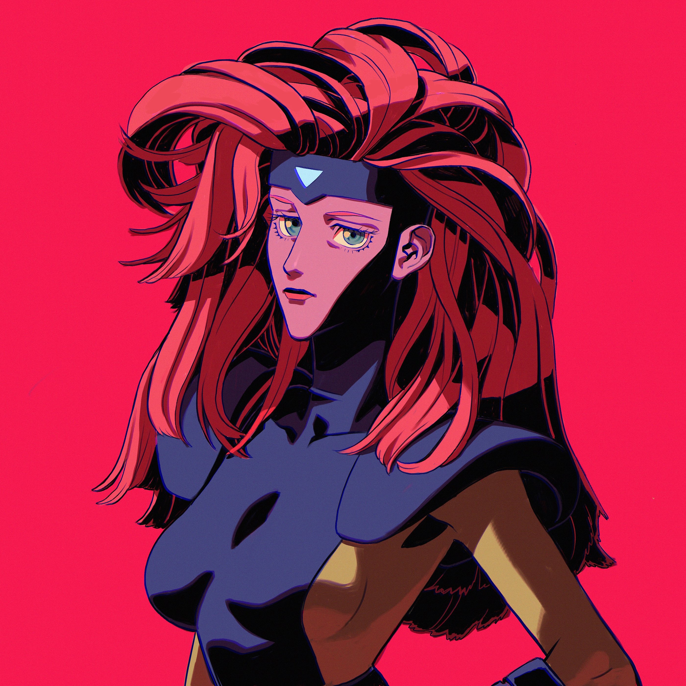 1girl absurdres animification armor blue_bodysuit blunt_ends bodysuit breasts closed_mouth green_eyes hand_on_own_hip highres jean_grey long_hair marvel medium_breasts red_background red_hair shoulder_armor skin_tight solo swept_bangs thechaseconley upper_body x-men yellow_bodysuit