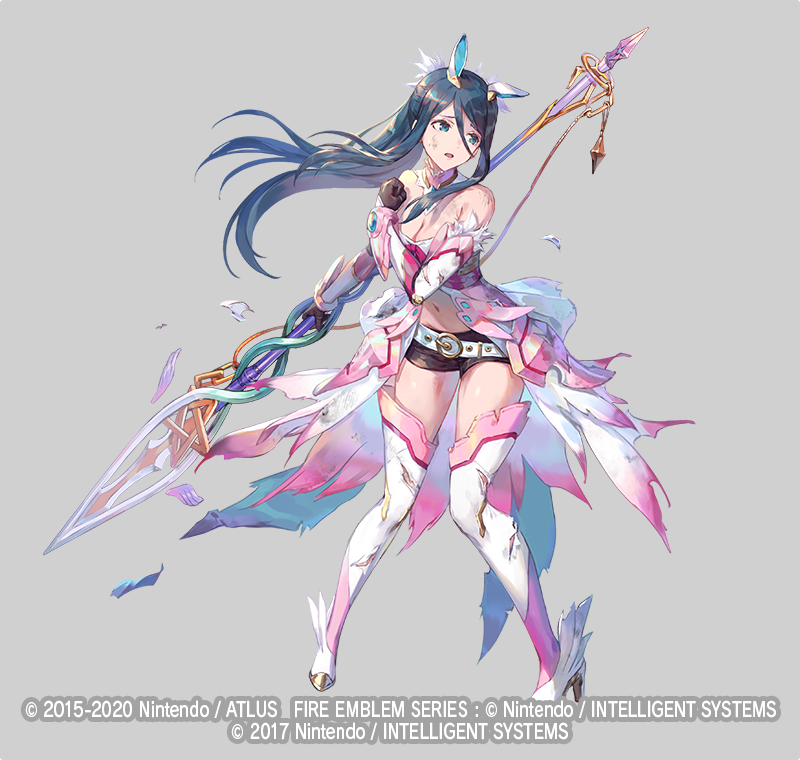 1girl azu-taro belt belt_buckle black_shorts blue_eyes blue_hair boots breasts buckle caeda_(fire_emblem) choker cleavage fire_emblem fire_emblem_heroes full_body gloves grey_background helmet high_heel_boots high_heels large_breasts long_hair midriff navel nintendo official_art open_mouth oribe_tsubasa polearm ponytail short_shorts shorts sparkle spear thigh_boots thighhighs tokyo_mirage_sessions_fe torn_clothes weapon