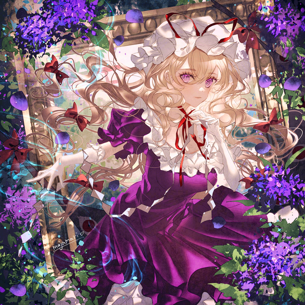 1girl blonde_hair breasts choker dress elbow_gloves expressionless flower frills gap_(touhou) gloves hair_between_eyes hair_ribbon hat kalanchoe_records large_breasts long_hair looking_at_viewer majamari mob_cap picture_frame purple_dress purple_eyes ribbon ribbon_choker short_sleeves solo touhou white_gloves yakumo_yukari