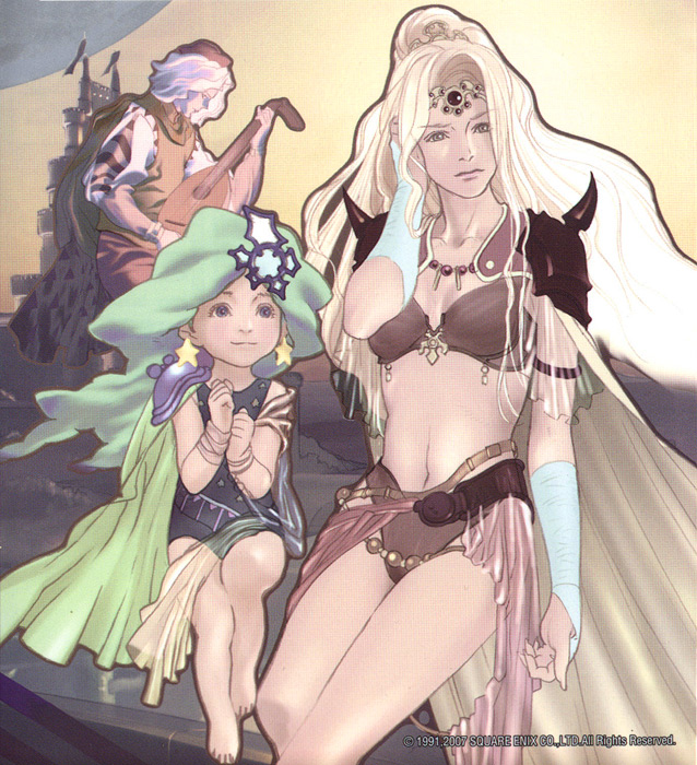 1990s_(style) adjusting_hair armor bikini_armor blonde_hair blue_eyes bra bridal_gauntlets brown_eyes cape earrings final_fantasy final_fantasy_iv edward_chris_von_muir green_hair hair_ornament hat instrument jewelry lingerie long_hair lute_(instrument) midriff navel official_art ponytail rosa_farrell rydia_(ff4) shoulder_pads sitting tiara underwear