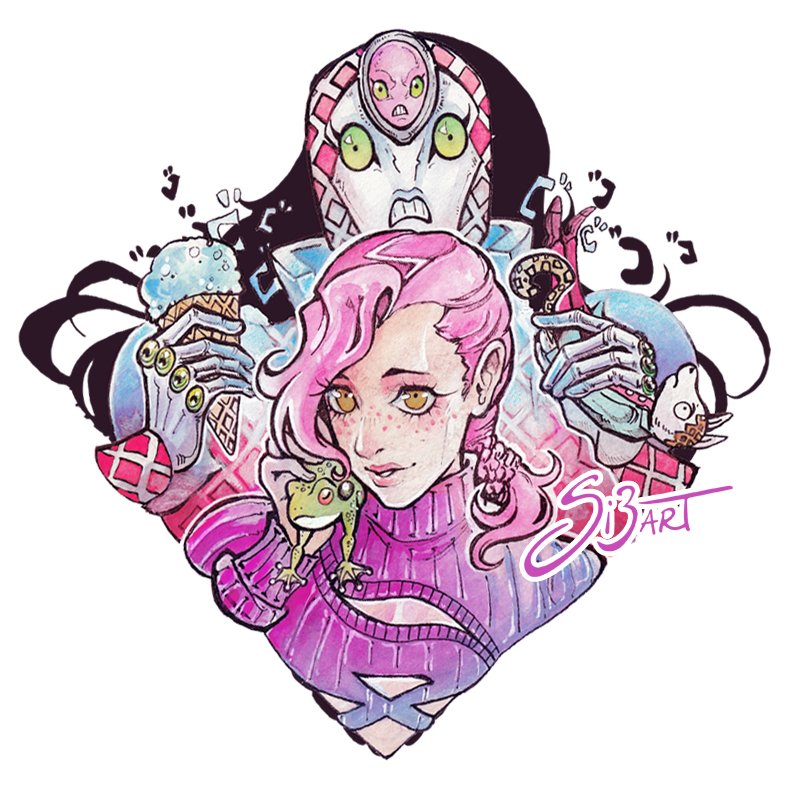 1boy 1other argyle_skin cleavage_cutout clothing_cutout colored_sclera commentary cropped_torso english_commentary epitaph_(jojo) food freckles frog green_sclera holding holding_animal holding_food holding_frog holding_ice_cream ice_cream ice_cream_cone jojo_no_kimyou_na_bouken king_crimson_(stand) long_bangs looking_at_viewer male_focus medium_hair menacing_(jojo) painting_(medium) pink_hair pink_lips pink_sweater ponytail si3art signature smile stand_(jojo) sweater teeth traditional_media turtleneck turtleneck_sweater vento_aureo vinegar_doppio watercolor_(medium) white_background yellow_eyes
