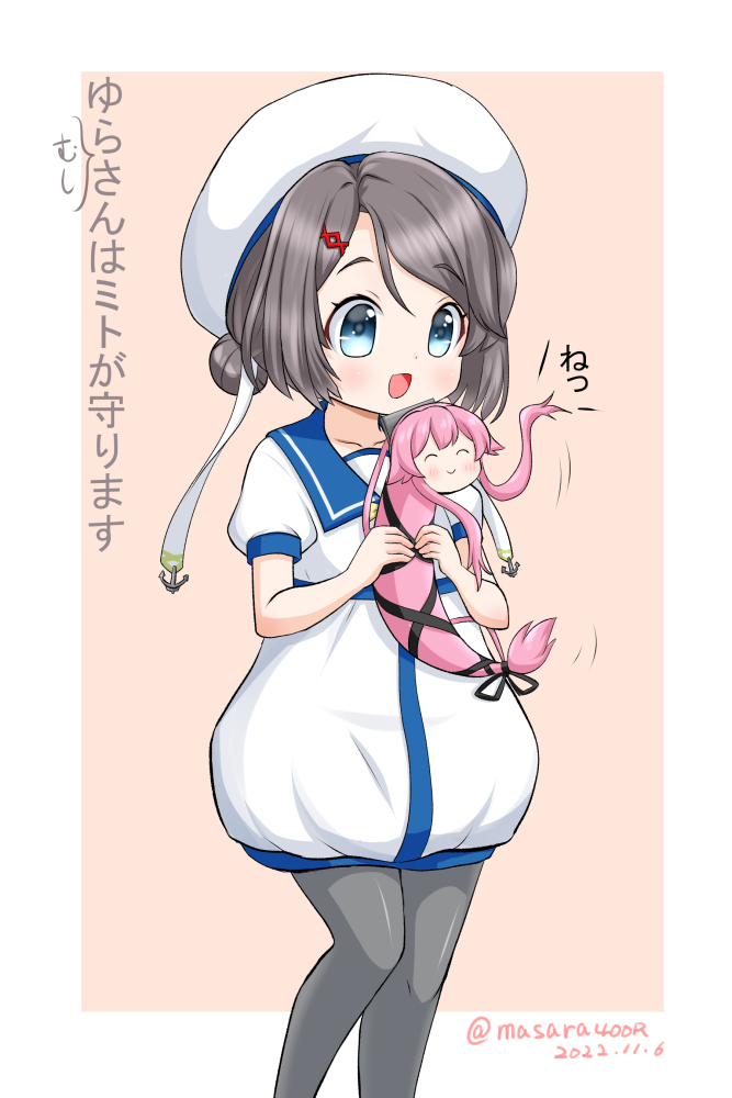 1girl blue_sailor_collar bow double_bun dress feet_out_of_frame grey_eyes grey_hair grey_pantyhose hair_bun hat holding kaiboukan_no._30_(kancolle) kantai_collection masara_(chuujou) one-hour_drawing_challenge pantyhose sailor_collar sailor_dress sailor_hat short_hair smile translation_request white_dress white_headwear yellow_bow yura_(kancolle) yura_(snake)