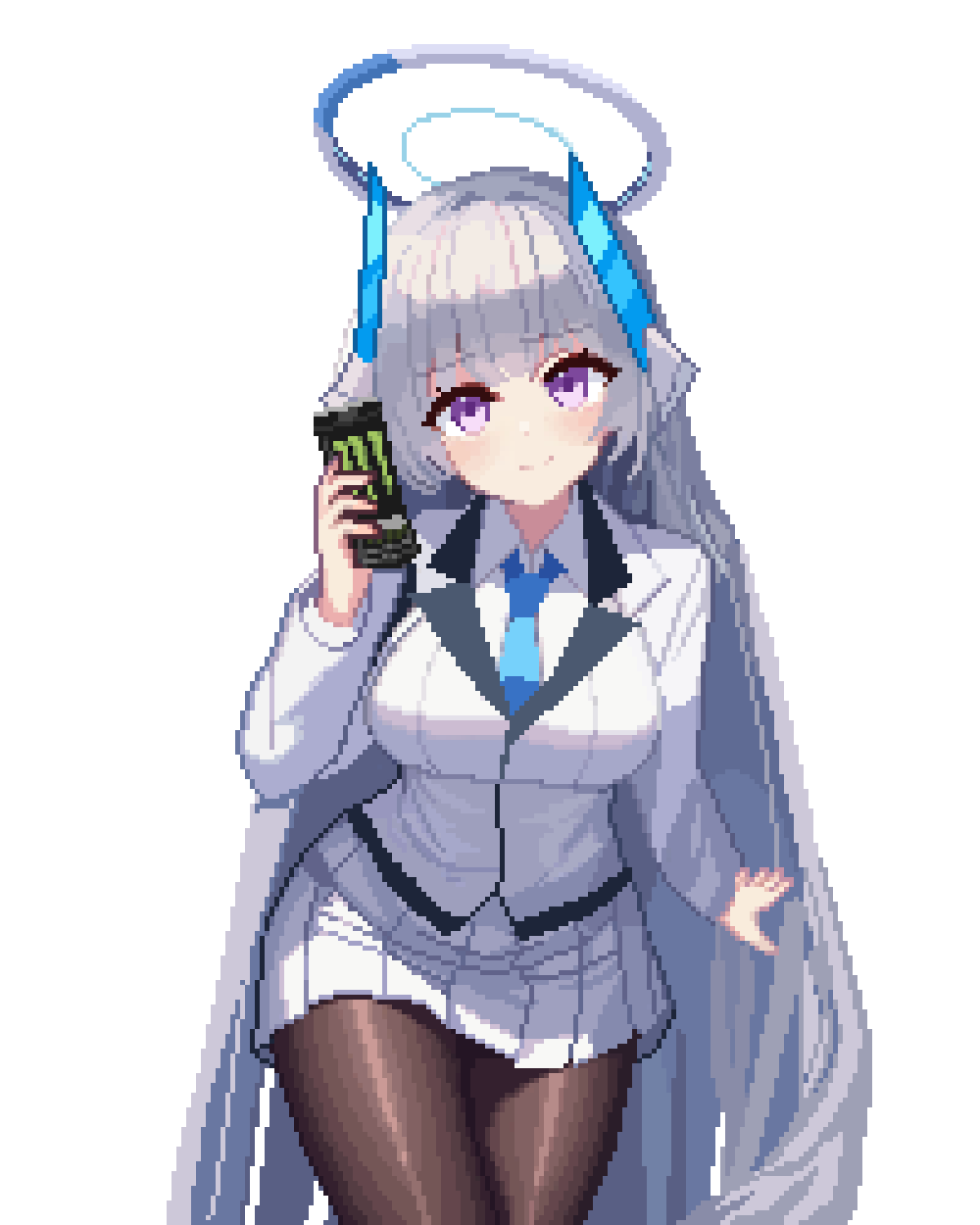 1girl black_pantyhose blue_archive blue_necktie blunt_bangs blunt_ends blush breasts can closed_mouth collared_shirt commentary cowboy_shot energy_drink formal_clothes grey_hair halo hand_up headgear highres hime_cut holding holding_can large_breasts long_hair long_sleeves looking_at_viewer mechanical_halo miniskirt monster_energy necktie noa_(blue_archive) pantyhose pixel_art pleated_skirt purple_eyes school_uniform shirt sidelocks simple_background skirt smile solo split_mouth straight_hair suit tinia_etru very_long_hair white_background white_halo white_shirt white_skirt white_suit