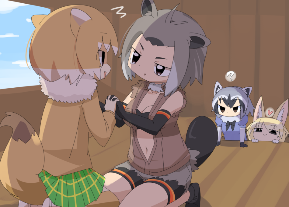 4girls ? american_beaver_(kemono_friends) animal_ears antenna_hair bandeau black-tailed_prairie_dog_(kemono_friends) black_bandeau black_gloves black_shorts blonde_hair breasts brown_eyes brown_shirt cleavage closed_mouth commentary_request common_raccoon_(kemono_friends) elbow_gloves feet_out_of_frame fennec_(kemono_friends) fox_ears fox_girl gloves grey_hair heart holding_hands indoors kemono_friends lets0020 looking_at_another medium_breasts multiple_girls navel open_clothes open_mouth open_shirt plaid_clothes plaid_skirt raccoon_ears raccoon_girl shirt shorts skirt smile torn_clothes torn_sleeves yuri