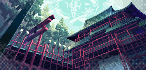animated animated_gif architecture cloud dithering dragon east_asian_architecture eastern_dragon fog lantern lowres no_humans original outdoors pixel_art railing rooftop setamo_map shrine sky torii tree wooden_lantern