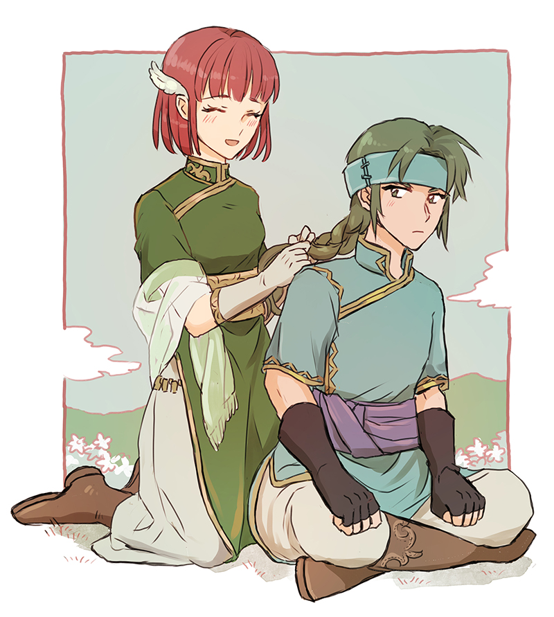 1boy 1girl ^_^ black_gloves blush boots braid braiding_hair breasts closed_eyes dress fingerless_gloves fire_emblem fire_emblem:_the_blazing_blade full_body gloves green_eyes green_hair guy_(fire_emblem) hair_ornament hairdressing hand_in_another&#039;s_hair headband indian_style kneeling long_hair looking_at_another looking_back nintendo noshima open_mouth pants ponytail priscilla_(fire_emblem) red_hair sash shirt short_hair sitting smile white_gloves wing_hair_ornament
