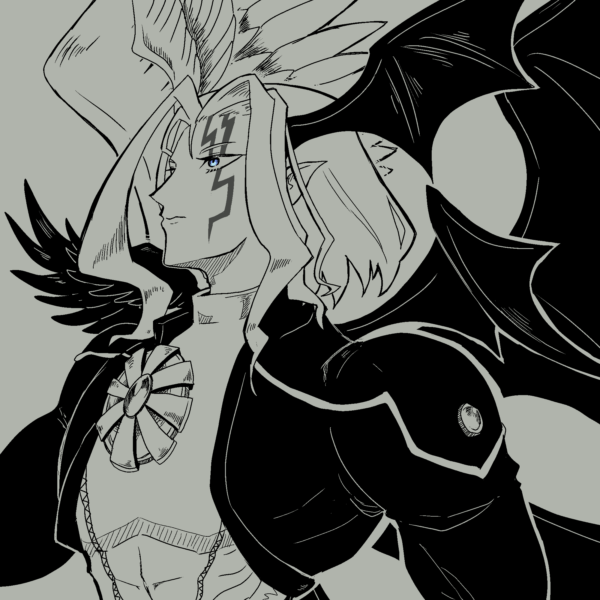 1boy angel_wings blue_eyes demon_wings digimon digimon_(creature) facial_mark grey_background head_wings highres lucemon_falldown_mode male_focus monochrome multiple_wings quatrefolium517 short_hair simple_background solo spot_color wings