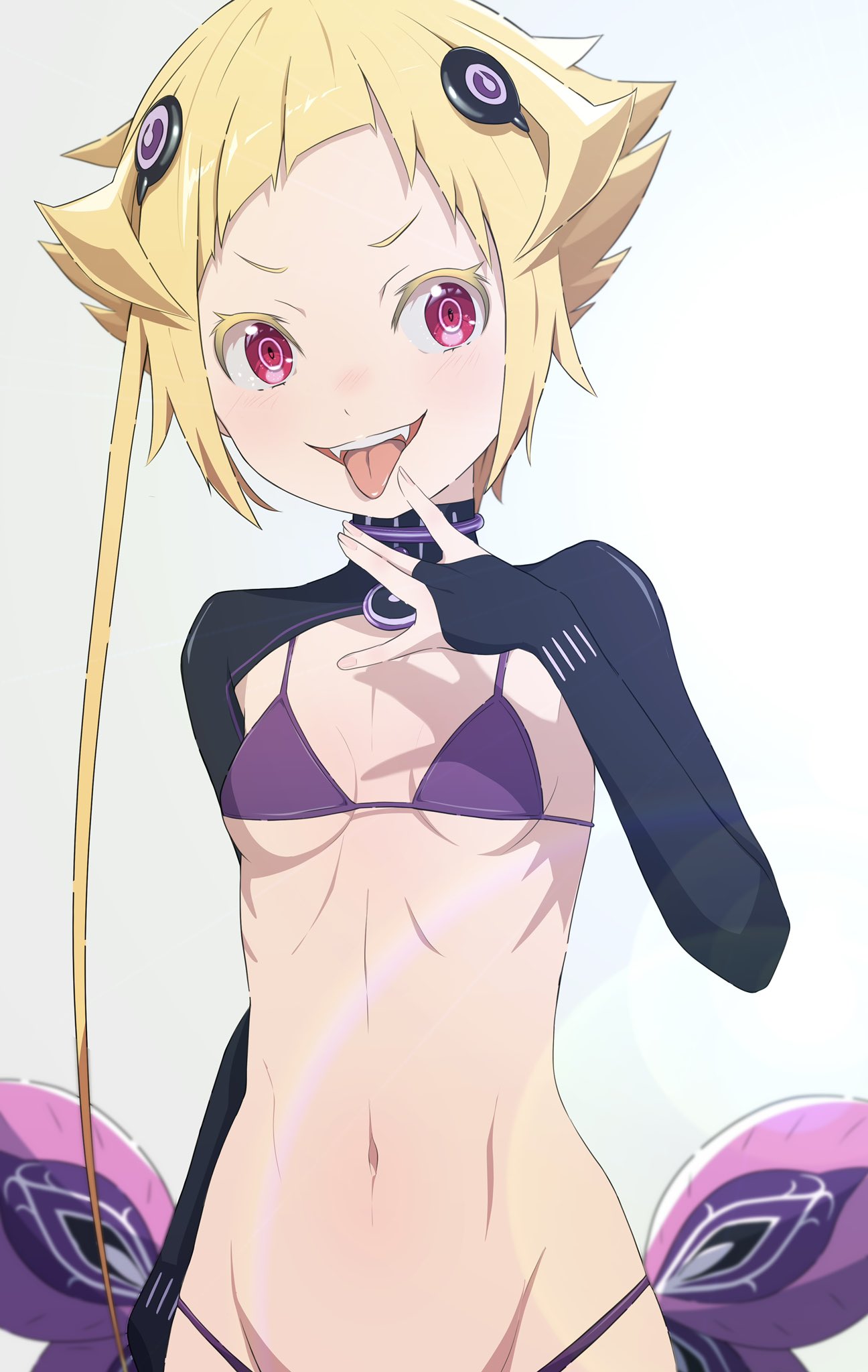 1girl arched_bangs blonde_hair breasts capella_emerada_lugnica fangs gradient_background hair_ornament hand_to_own_mouth highres midriff na-suke navel purple_eyes re:zero_kara_hajimeru_isekai_seikatsu red_eyes short_hair shrug_(clothing) skinny small_breasts solo stomach teeth tongue tongue_out underboob upper_body upper_teeth_only white_background