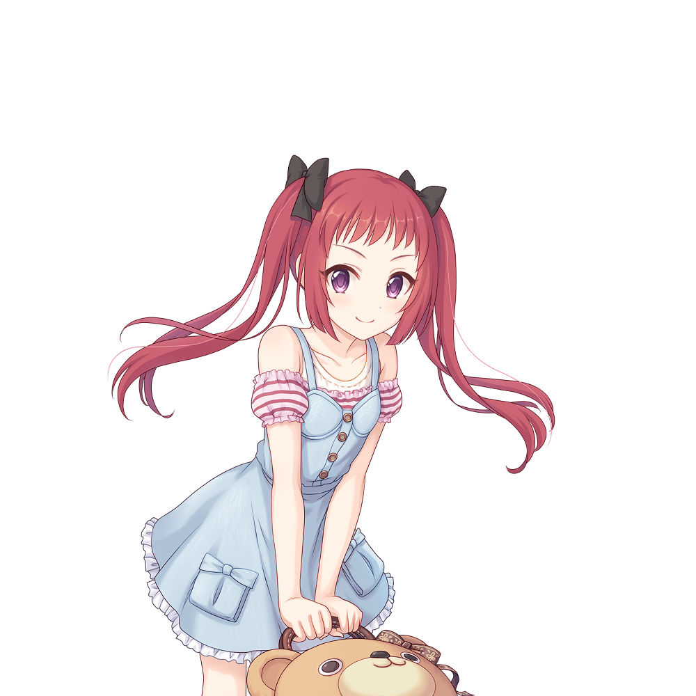 1girl ayane_(princess_connect!) ayane_(real)_(princess_connect!) bow dress hair_bow official_art princess_connect! purple_eyes red_hair stuffed_animal stuffed_toy tachi-e teddy_bear transparent_background twintails