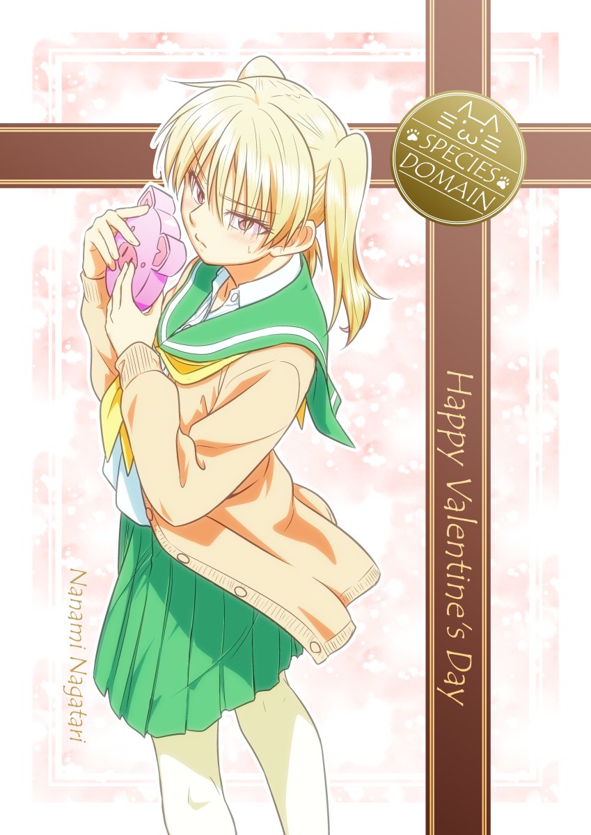 1girl blonde_hair character_name copyright_name female_focus green_skirt happy_valentine highres long_sleeves nagatari_nanami official_art school_uniform serafuku shun_(rokudena-shi) skirt solo species_domain sweatdrop sweater twintails white_legwear yellow_eyes