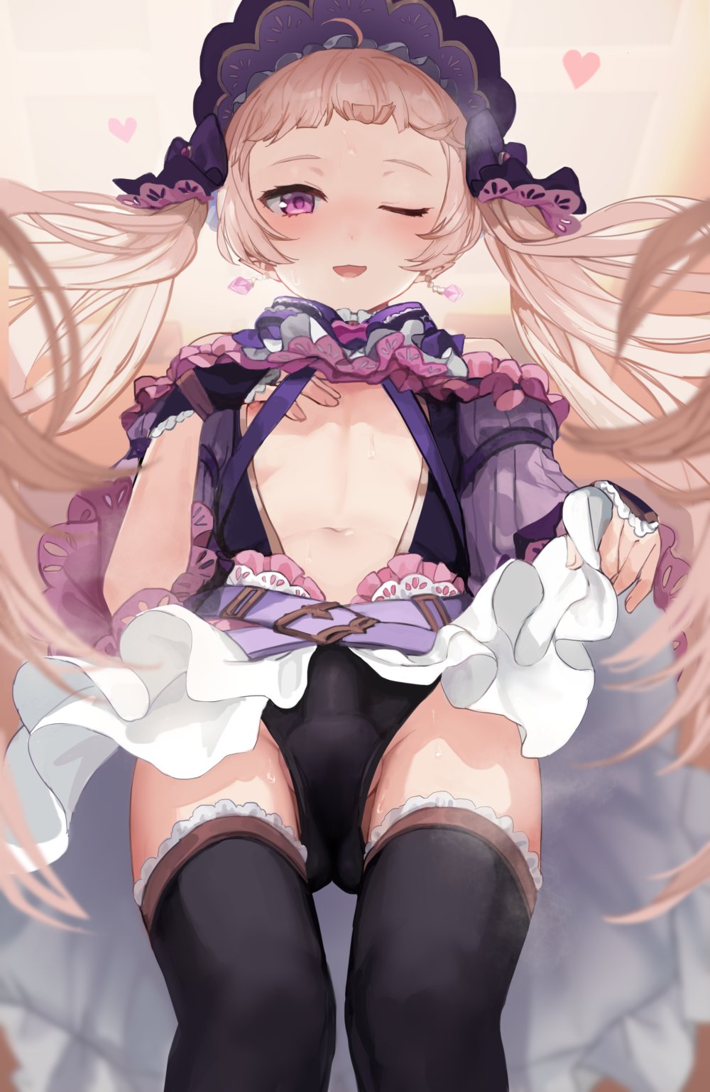1boy ;3 ;d ahoge belt black_leotard black_thighhighs blush bonnet bulge clothes_lift dress earrings floating_hair frilled_dress frilled_gloves frilled_skirt frilled_sleeves frilled_thighhighs frills gloves hand_on_own_chest hand_under_clothes headdress heart highres hime_cut jewelry leotard long_sleeves male_focus midriff navel one_eye_closed open_clothes open_leotard open_mouth princess_connect! purple_belt purple_eyes purple_sleeves skirt skirt_lift smile solo sunaba_(nczd5875) sweat thighhighs trap twintails wink yuki_(princess_connect!) zettai_ryouiki