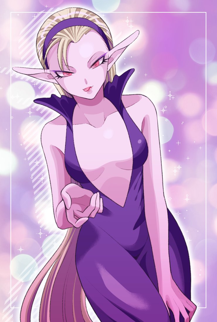 1girl bare_shoulders blonde_hair blurry bokeh breasts colored_skin commentary_request depth_of_field dress leanan_sidhe_(megami_tensei) long_hair lower_eyelashes_only makeup medium_breasts minashirazu persona persona_5 pink_skin pointy_ears purple_dress red_eyes shin_megami_tensei simple_background sleeveless sleeveless_dress solo sparkle tongue tongue_out very_long_hair
