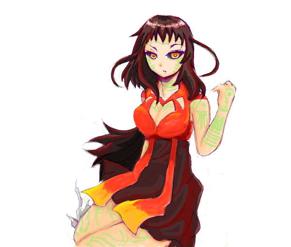 1girl aoi_tsukiyo_usagi belial belial_(wild_arms) black_hair black_sclera breasts cleavage colored_sclera cowboy_shot dress expressionless female_focus long_hair looking_at_viewer solo tattoo white_background wild_arms wild_arms_4 yellow_eyes