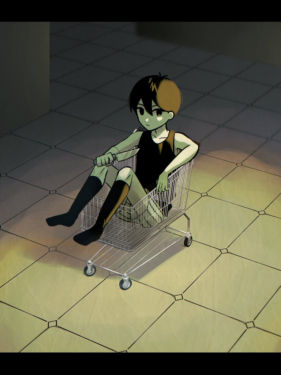 1boy antenna_hair black_eyes black_hair black_socks black_tank_top closed_mouth collarbone colored_skin expressionless genk1zam4s highres holding holding_knife in_shopping_cart kneehighs knife letterboxed looking_at_viewer male_focus omori omori_(omori) short_hair shorts sitting socks solo striped_clothes striped_shorts tank_top vertical-striped_clothes vertical-striped_shorts white_shorts white_skin